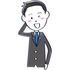 Obraz premium かわいい さわやかビジネスマン 線画 短髪黒髪 上半身 照れる