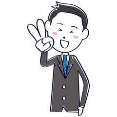 かわいい　さわやかビジネスマン　線画　短髪黒髪 上半身 Ｖサイン