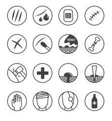 wound skin icon , logo and vector . 16 wounds version ( skin scratch , bleeding , cross , Bandages , hot water , needle , )