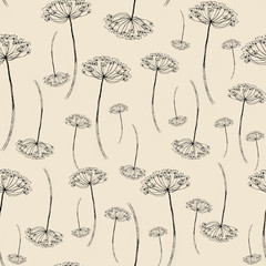 Vintage seamless pattren with floral pattern. The branches, dried flowers, inflorescence, dill, umbrella. Drawing made in black ink on an isolated background. Use for various design