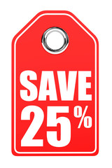 Discount 25 percent off. 3D illustration on white background.