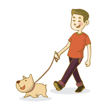 Young Man Walking Dog, Isolated On White Background, Vector