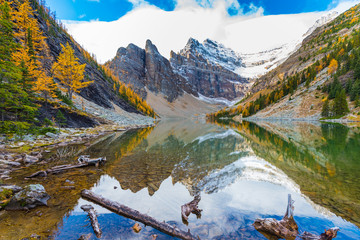 Hiking Lake Agnes in autumn, Banff National Park Alberta Canada
