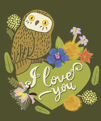 Vintage Greeting Card With Cute Owl. Heart And Floral Wreath. Beautiful Background. Can Be Used As Greeting Card, Romantic Invitation Design. I Love You. Words Lettering. Vector Illustration.