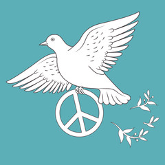 White Dove In Flight Holding An Antiwar Sign On Blue Background. Vector Illustration. Antiwar Protest Sign. Antiwar Peace Sign. Antiwar Symbols.
