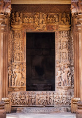 Copyspace in a frame of the portal of the ancient Indian temple, with carved bas-reliefs.