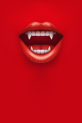 Party Invitation with vampire mouth open red lips and long teeth. Vertical poster. Vector Illustration.