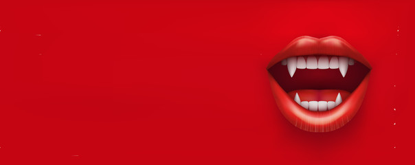 Party Invitation with vampire mouth open red lips and long teeth. Horizontal banner. Vector Illustration. - obrazy, fototapety, plakaty