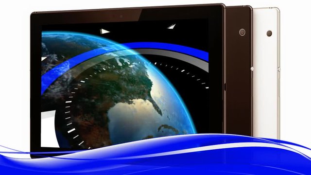 Tablet PC. Display. Graphical display of loading. Lower third. Loading on screen of Tablet PC and wave in lower third