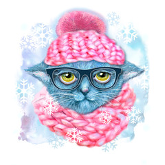Hand drawn portrait of Cat with glasses, hat and scarf. Fashion portrait of hipster cat. Hand drawn illustration for greeting card, poster, or print on clothes. T-shirt print cat, isolated cat