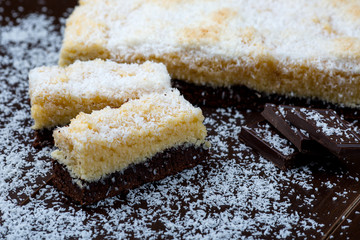 Homemade cake with coconut and chocolate layers on black background