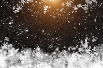 Obraz premium White snow with light on black bokeh Background.