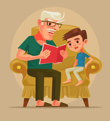 Grandfather character sit with grandson and read book story. Vector flat cartoon illustration