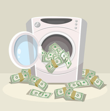 Laundering of money in washer. Vector flat cartoon illustration