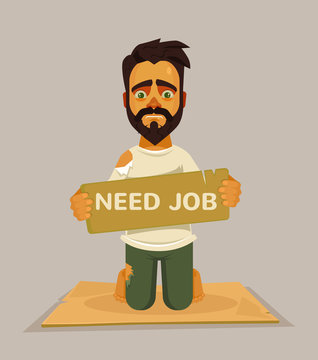 Unhappy homeless worker need job. Vector flat cartoon illustration