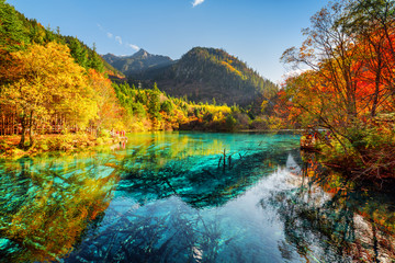 Beautiful view of the Five Flower Lake with azure water