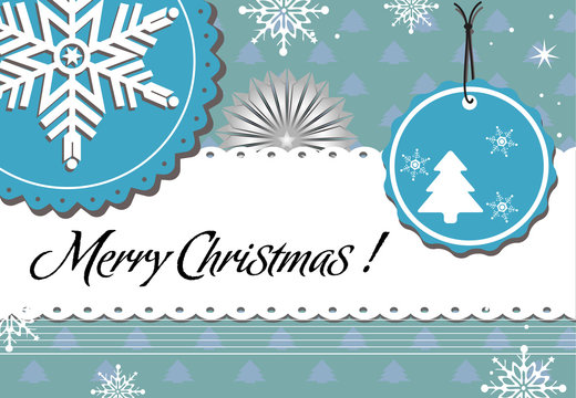 Colorful background with snowflake decorations and the text Merry Christmas written with handwritten letters