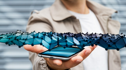 Businessman holding abstract wave connection over his mobile pho