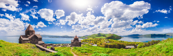 The Sevan temple complex on the peninsula of the Lake Sevan, Armenia. - obrazy, fototapety, plakaty