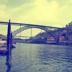 Fototapeta premium Ribeira, Dom Luis I Bridge and Douro river,Porto(Portugal)
