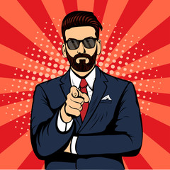 Hipster beard businessman pointing finger pop art retro vector. Index finger. Promo people. We are waiting for you