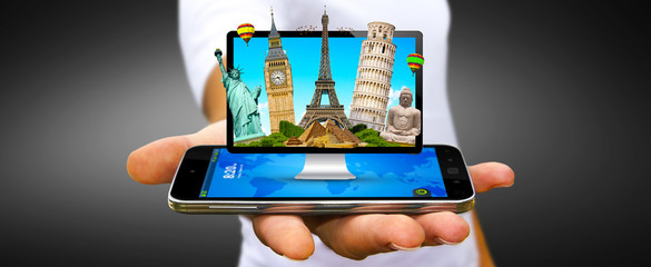 Man travelling the world with his computer