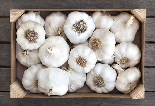 Wooden box of fresh garlic