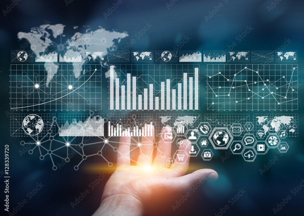Poster Businessman holding digital graph interface 3D rendering