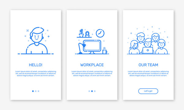 Vector Illustration of onboarding app screens and web concept design team for mobile apps in flat line style. Modern blue interface UX, UI GUI screen template for smart phone or web site banners.