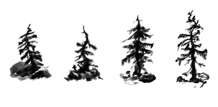 Set of grayscale curved mountain trees