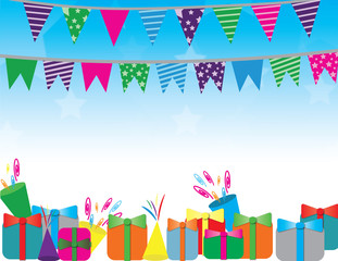 Birthday party background with gifts and flags