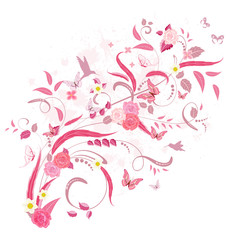 Fototapeta na wymiar elegant floral ornament with roses and birds for your design