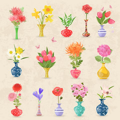 vintage collection lovely vases with bouquet of flowers for your