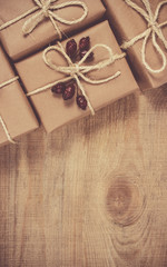 Rustic gift box with kraft paper. Christmas gift.