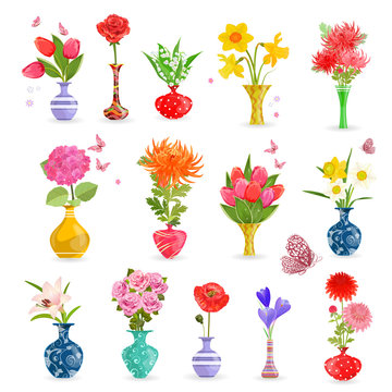 colorful collection art vases with bouquet of flowers for your d