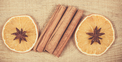 Orange slices, cinnamon and anise. Christmas decoration.