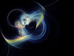 Computer generated fractal illustration of a spherical yellow and blue