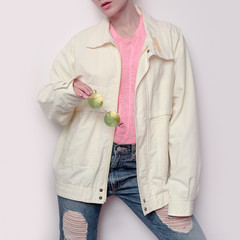 Glamorous Girl in hipster hat beanie and vintage jackets jeans boyfriend style Fashionable...