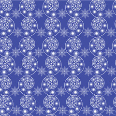 Pattern of white graphics of snowflakes and waves on blue background