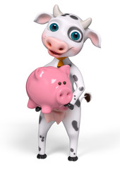 Funny cartoon character cow, holds piggy bank in hands 3d render