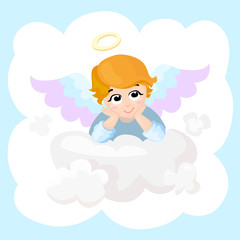 Baby angel vector cartoon character. Angel wings on a cloud. Greeting card. Cupid lying on a cloud isolated illustration. Eps 10.