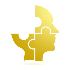 The color yellow human head composed of yellow puzzle pieces with gray shadow below the head on a white background.Incomplete human head composed of geometric elements 