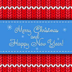 Christmas card template with knit ornament. Merry Christmas Knitted Retro Sticker with snowflakes.