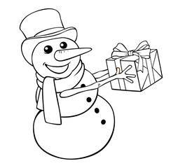 coloring сhristmas snowman with gift on a white background