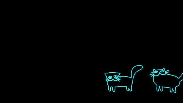 Cute walking blue neon cats on black background. Looped digital HD 2D animation. Cartoon disco crazy animals. Funny animated comical drawn pets. Motion graphics for VJ loops and joyful music clips. 