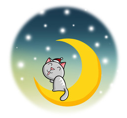 Smiling grey cat on shining crescent moon with blue green starry night sky background - illustration.