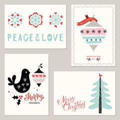 Horizontal and vertical winter holidays greeting cards with peace dove, New Year tree, snowflakes and Christmas ornaments.