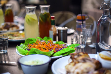 roast chicken display on table restaurant. Selective focus, shallow depth of field.