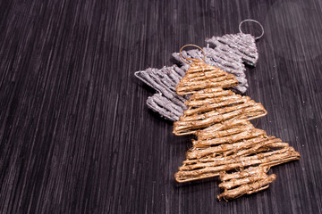 Christmas background with festive decoration and toys. Wood background.