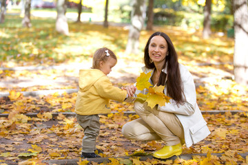 Mother and child playing with leaves in autumn park